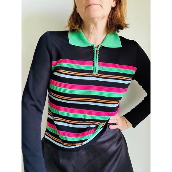 Vintage 90s Striped Knit Polo Top Black Pink Green Size M Twee Prep Country Club - Picture 1 of 5
